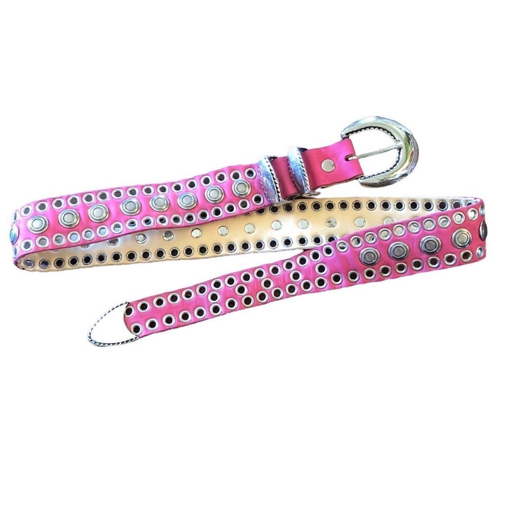 80s Pink Grommet Leather Belt Studded Silver New York